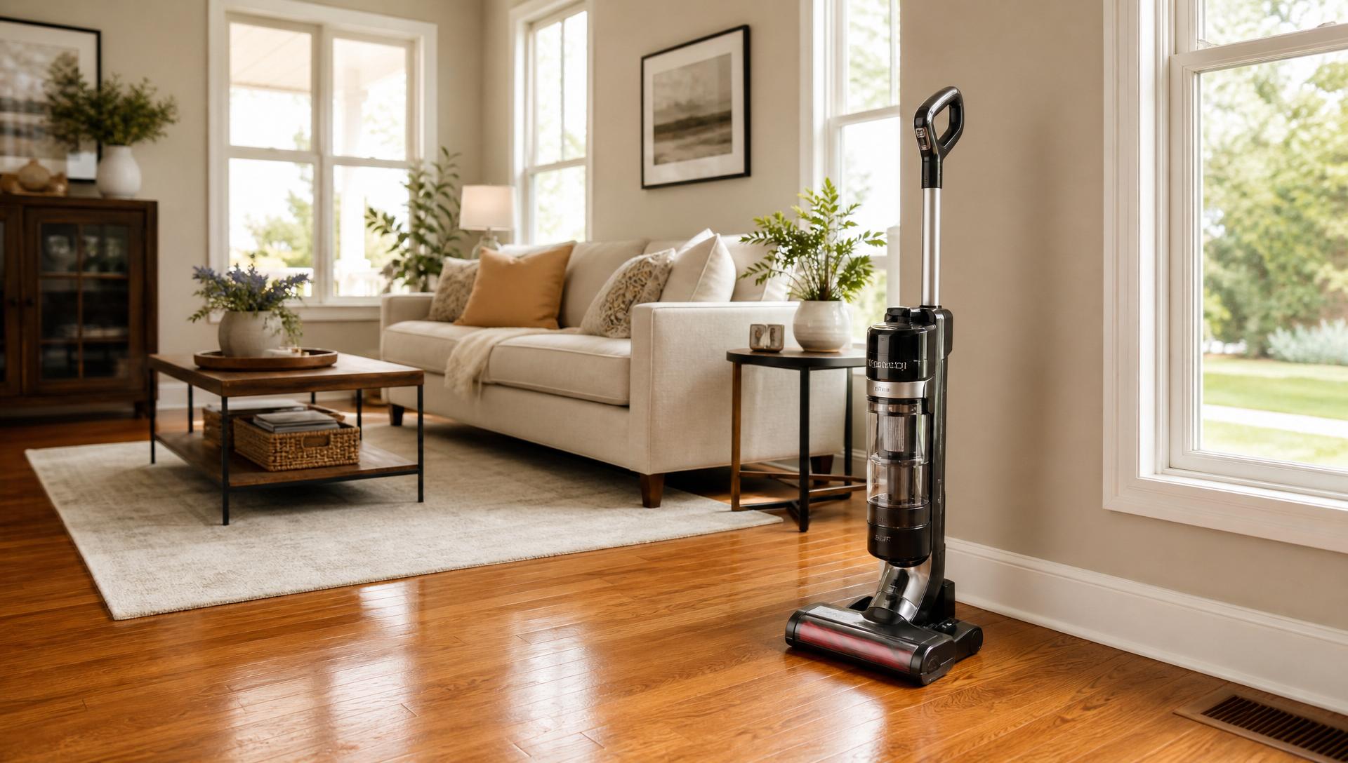 Bright sunlit living room with polished hardwood floors, a modern cordless vacuum, and cozy neutral furniture showcasing a freshly cleaned home
