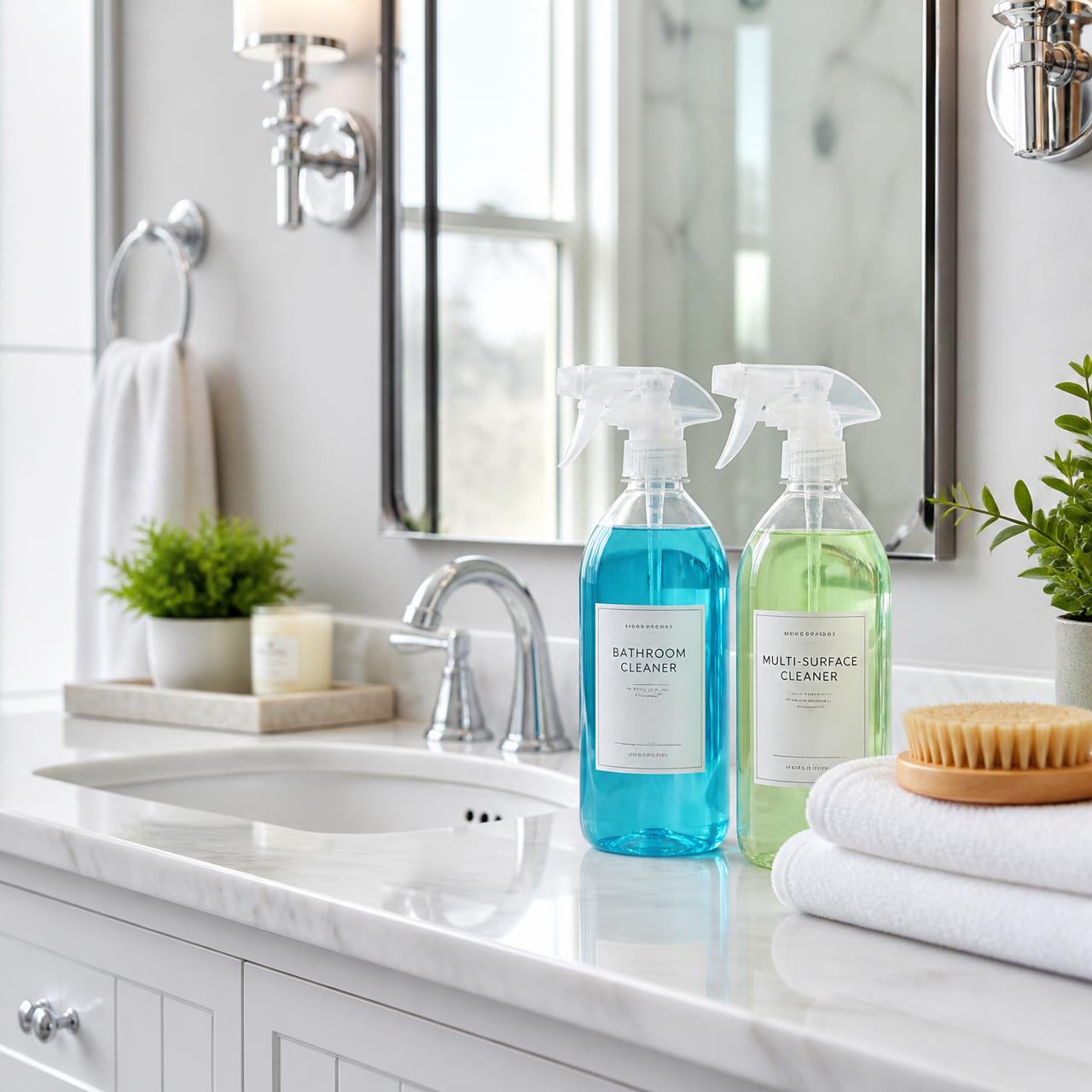Bright, modern residential kitchen professionally cleaned by We Clean Things — spotless white countertops, gleaming stainless appliances, and neatly arranged eco-friendly cleaning supplies