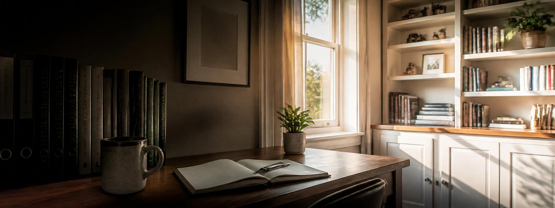 Home office desk panorama transitioning from shadowed binders and a coffee mug to a sunlit window and clean built-in bookshelves