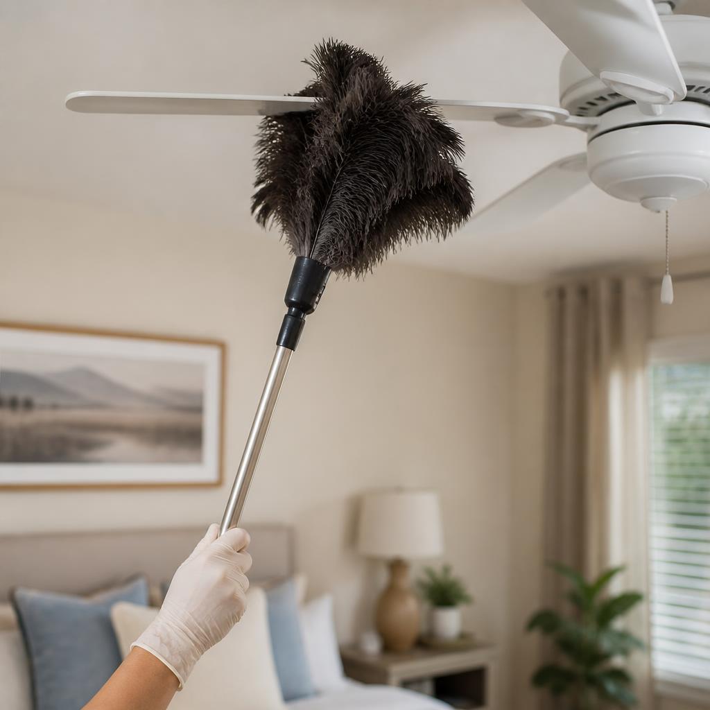 Gloved hand using an extendable feather duster to clean a white ceiling fan blade
