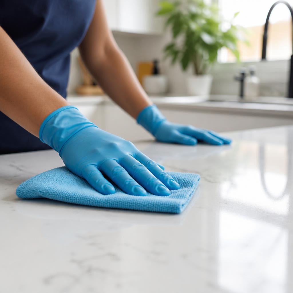 Professional cleaner in blue nitrile gloves wiping a spotless white kitchen countertop with a microfiber cloth