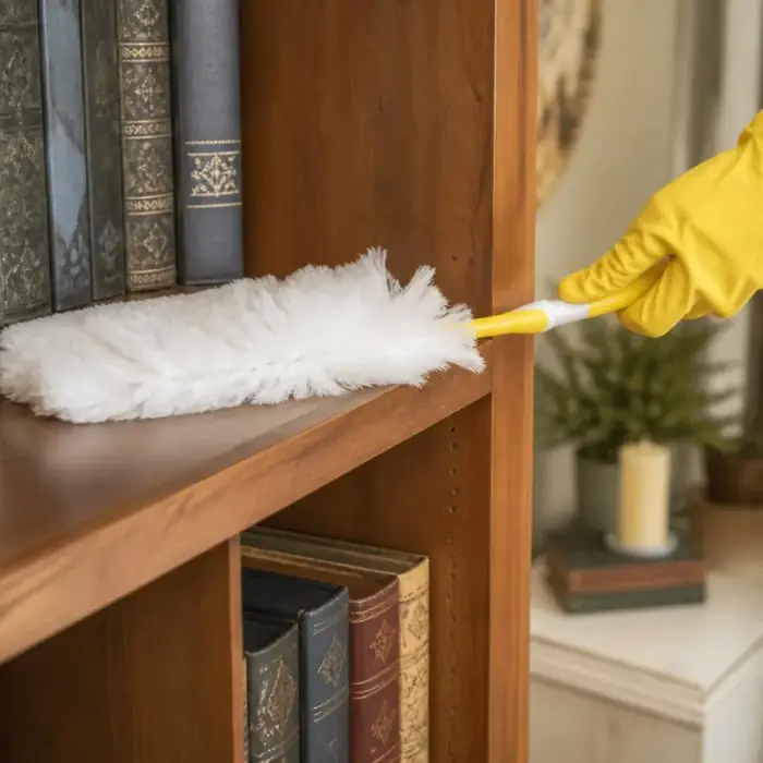 Gloved hand dusting a wooden bookshelf with a soft fluffy duster during a basic standard cleaning