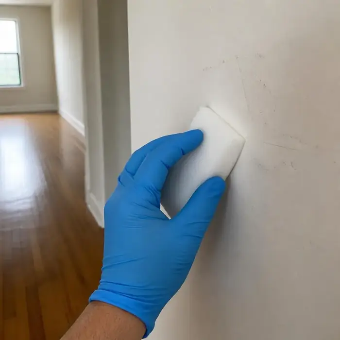 Move-out cleaning a wall scuff with a cleaning sponge in an empty northern Illinois home