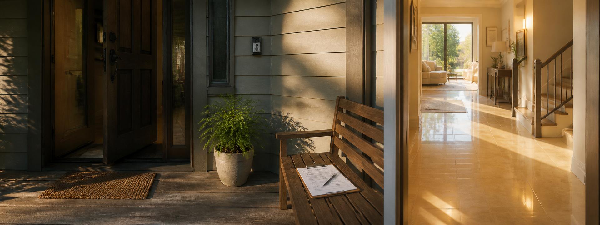 Residential front-entry panorama flowing from a shadowed wooden door and porch bench with a clipboard to a sunlit tiled foyer