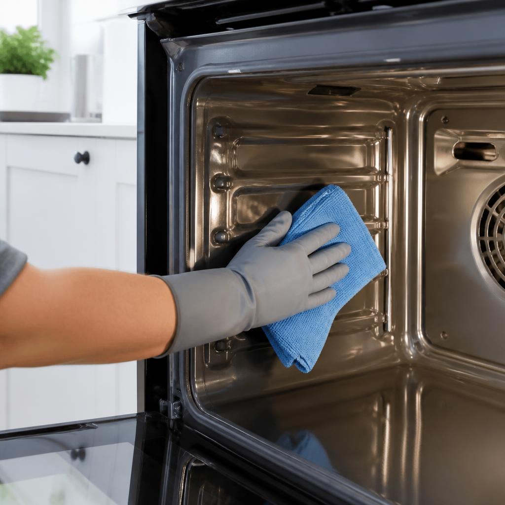 Gloved hand wiping the inside of a stainless-steel oven with a blue microfiber cloth during deep cleaning