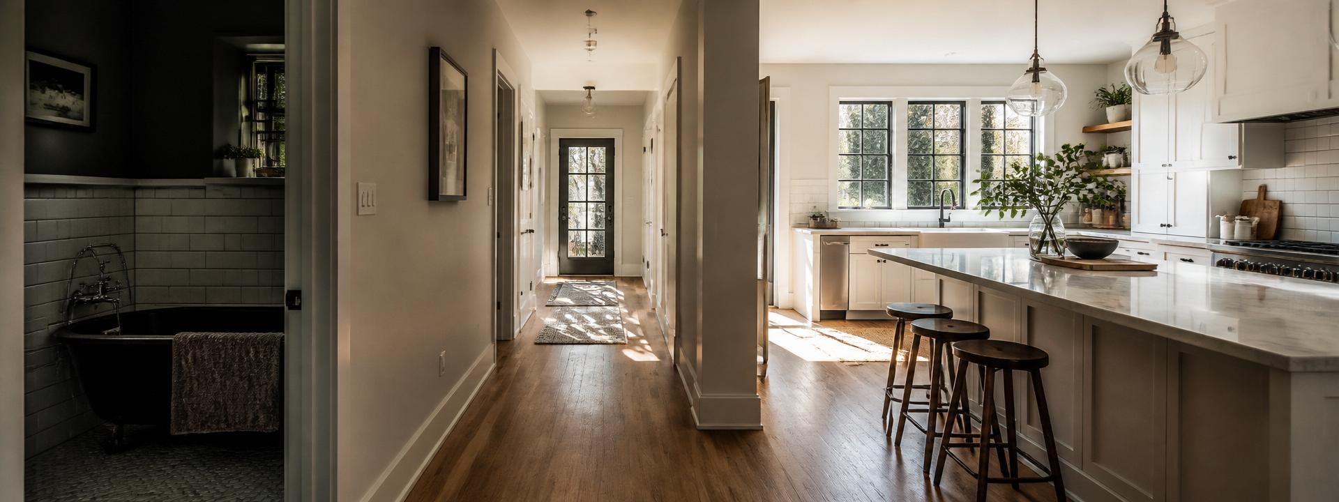 Panoramic residential interior flowing from a shadowed clean subway-tile bathroom through a hardwood hallway to a sunlit quartz-island kitchen