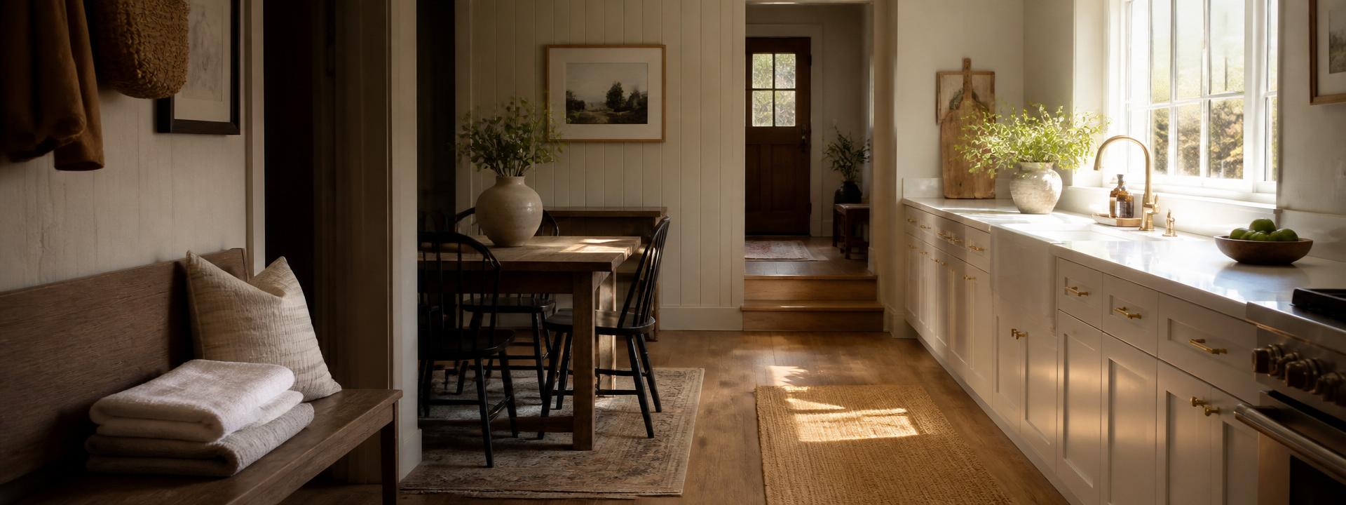 Warm farmhouse-style residential interior panorama flowing from a shadowed entryway bench with folded clean towels to a sunlit kitchen sink