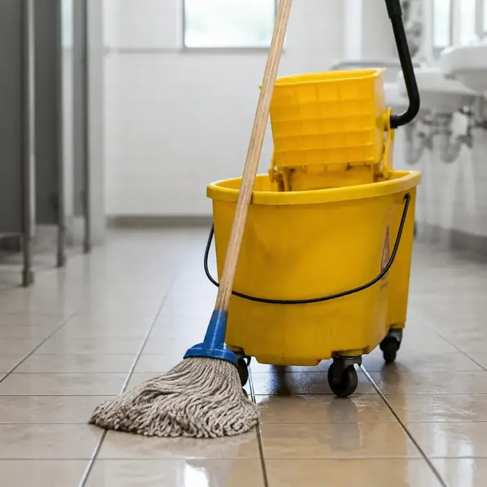 Professional yellow mop bucket with wringer and cotton string mop on a clean tiled floor