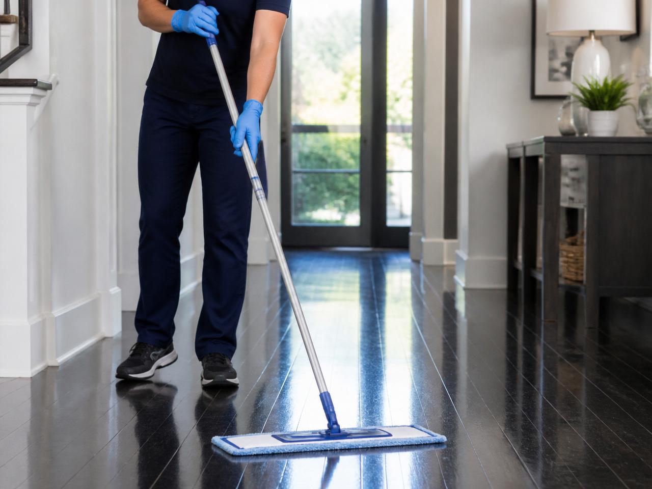 Flat microfiber mop polishing a hardwood floor