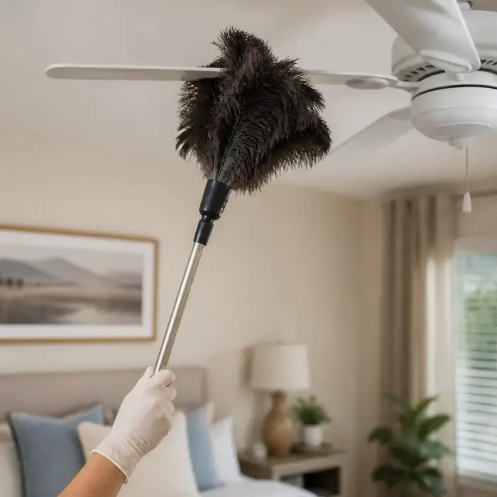 Gloved hand using an extendable feather duster to clean a white ceiling fan blade