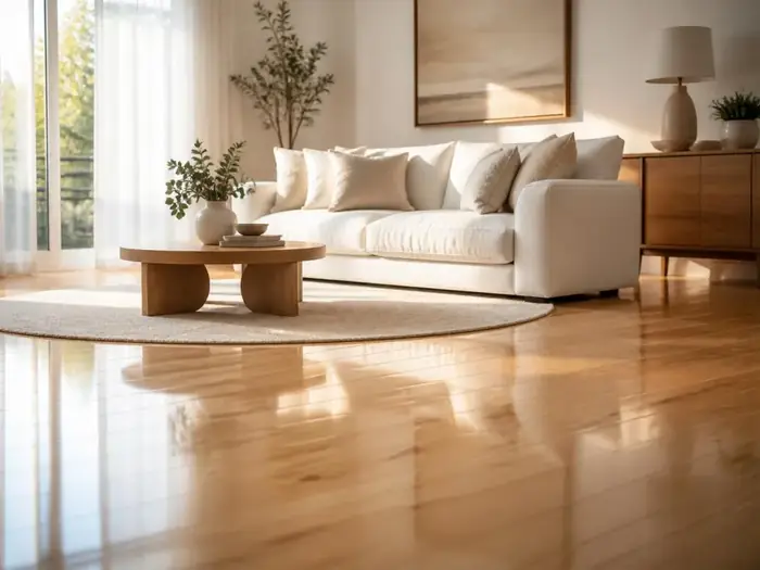Bright, sunlit living room with polished hardwood floors, a cozy white sofa and soft round rug after a professional maintenance cleaning