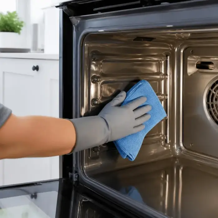 Deep cleaning a kitchen oven with a microfiber cloth in a Rochelle, IL house cleaning visit