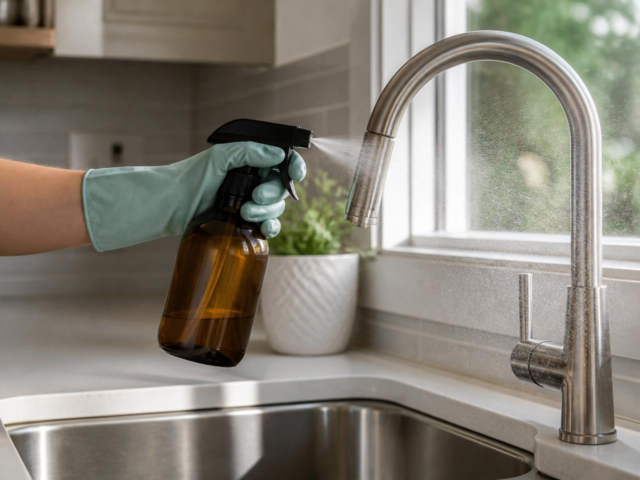 Disinfecting spray sanitizing a stainless kitchen faucet